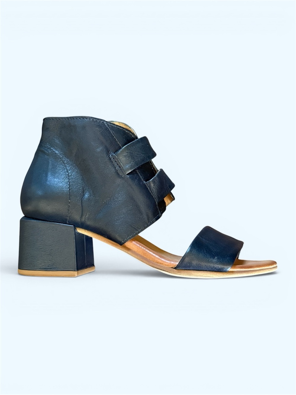 MIZ MOOS Brenna Black Leather Mid Block Heel Sandal w/ Dual Straps Size 6 Women
